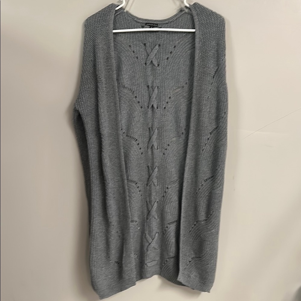 Light Gray Long Open-Front Cardigan with Diamond Knit Pattern
